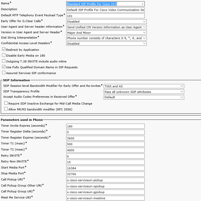 Standard SIP Profile For Cisco VCS