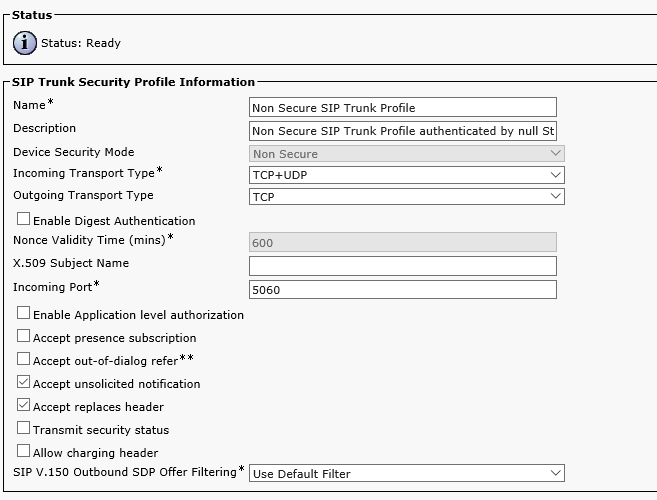 SIP Trunk Security Profile